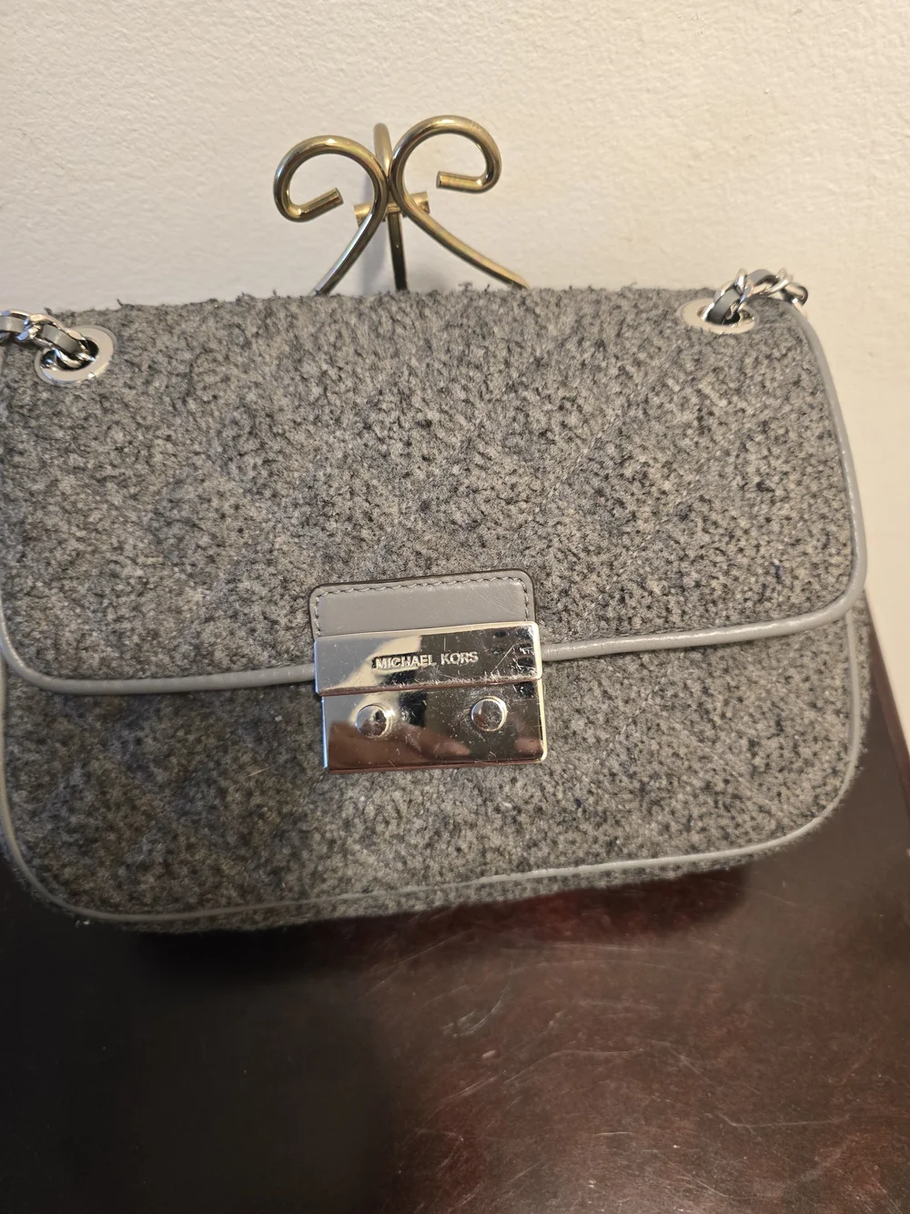 Michael Kors Gray Wool-Texture Shoulder Bag with Silver Hardware